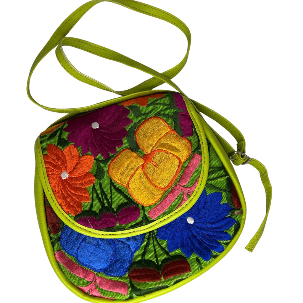 Floral Embroidery And Lime Faux Leather Shoulder Bag